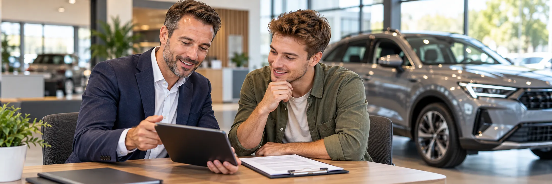 Verkäufer zeigt einem jungen Kunden im Autohaus ein Finanzierungsangebot auf dem Tablet
