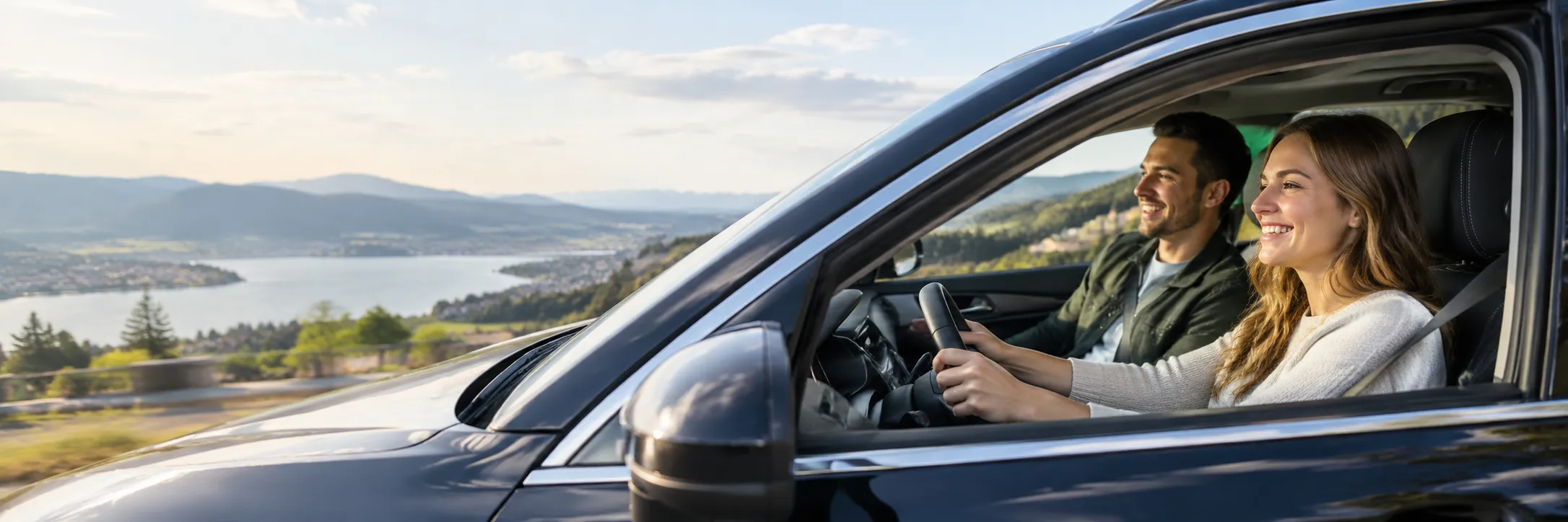 Lachendes Paar im Auto vor einer Landschaft mit See